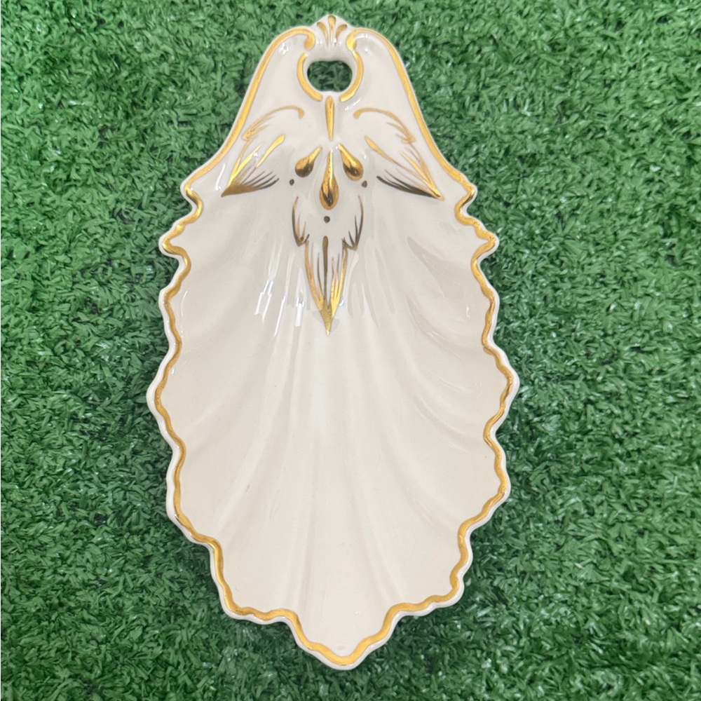 KAOLENA CALIFORNIA POTTERY HANDLED TRINKET DISH LEAF DESIGN W/ GOLD TRIM & ACCEN